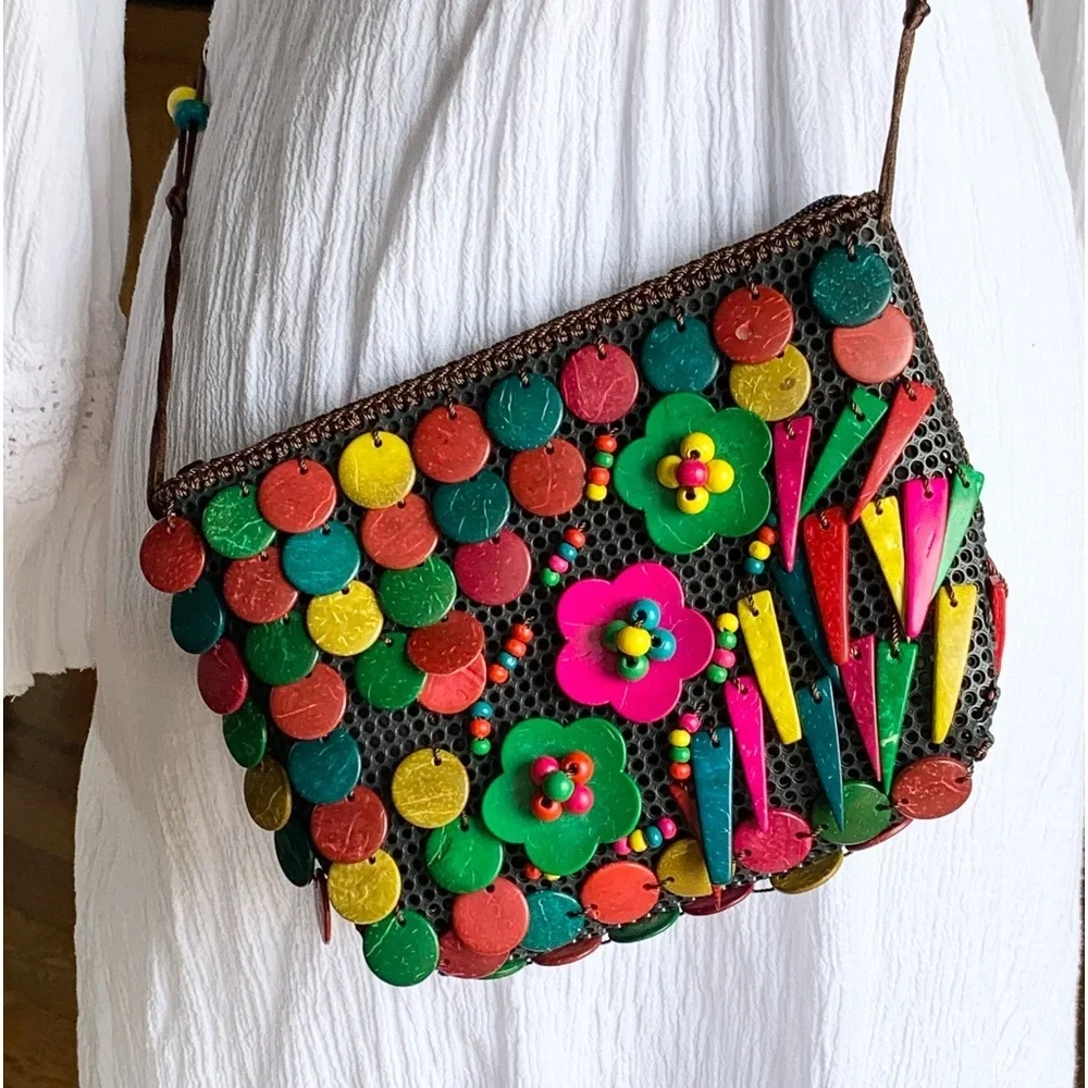 Multicolor Wooden Beaded‎ Sling Crossbody Bag